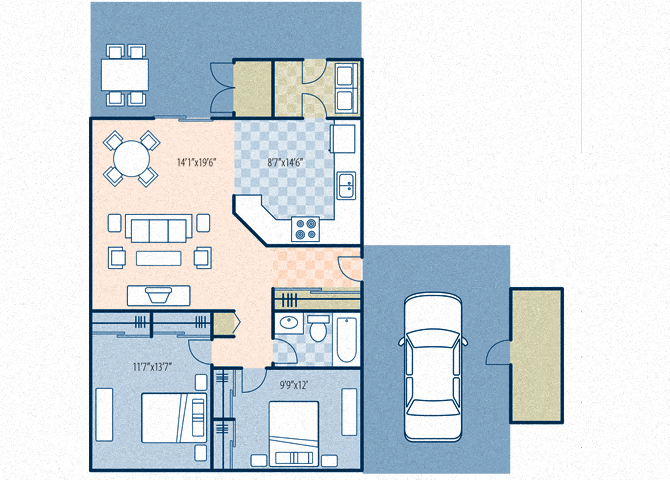 Floor plan for 2 beds, 1 bath, 937 sqft